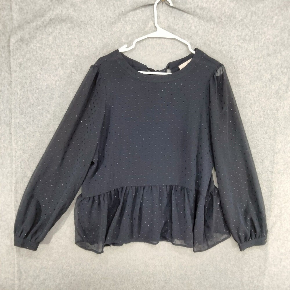 Ann Taylor Loft Peplum Blouse Womens Size M Navy Blue Long Sleeve Back Tie Sheer